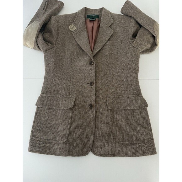 VTG Ralph Lauren LRL Brown tweed wool blazer Suede leather elbow pads size 8 Rea - Picture 9 of 13